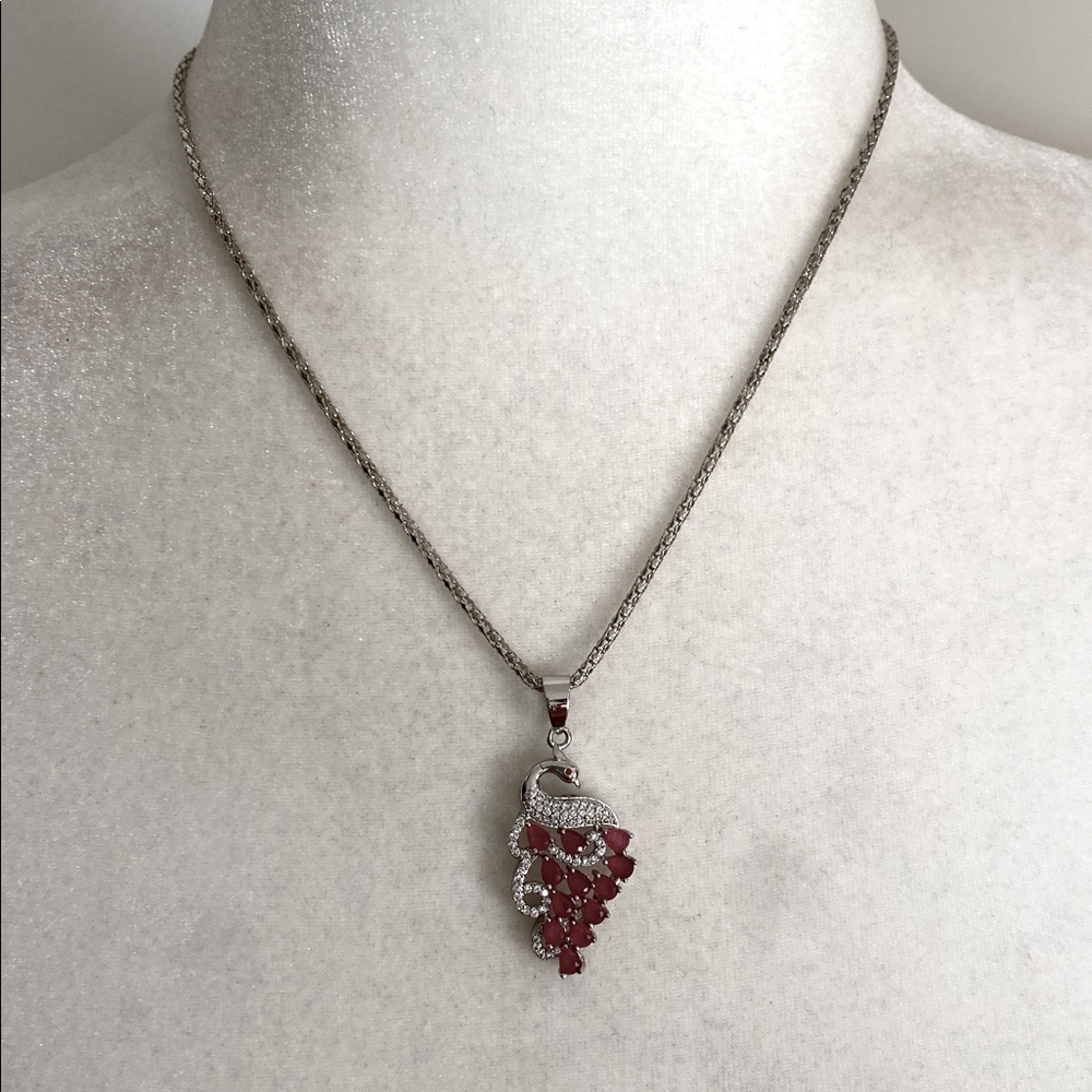 Stunning Ruby Peacock Diamond Accents Pendant Necklace